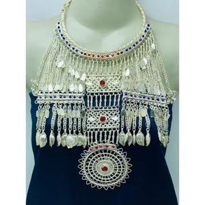 Vintage Tribal Long Torque Necklace, Silver Kuchi Massive Torque Choker Necklace